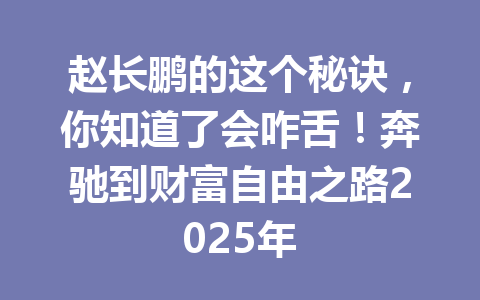 赵长鹏的这个秘诀，你知道了会咋舌！奔驰到财富自由之路2025年