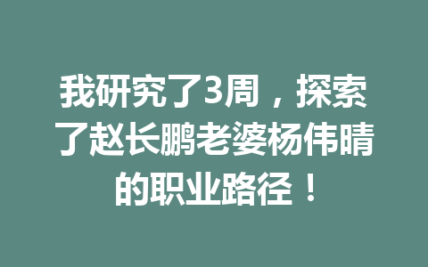 我研究了3周,探索了赵长鹏老婆杨伟晴的职业路径! 我研究了3周,探索了赵长鹏老婆杨伟晴的职业路径!